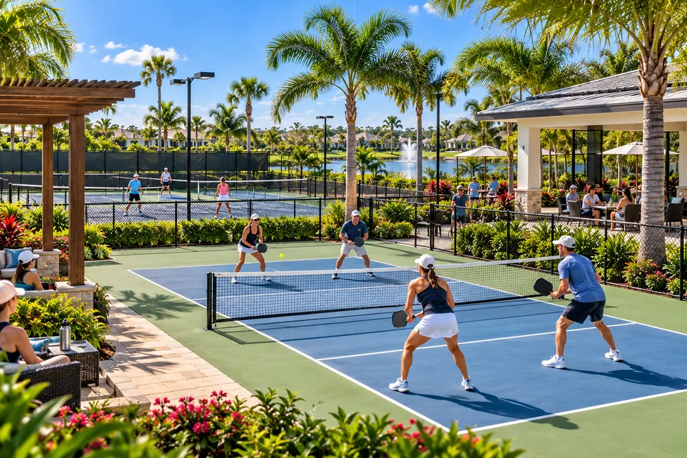 Players on pickleball courts beside tennis courts, shade structures and a lake in a Florida community